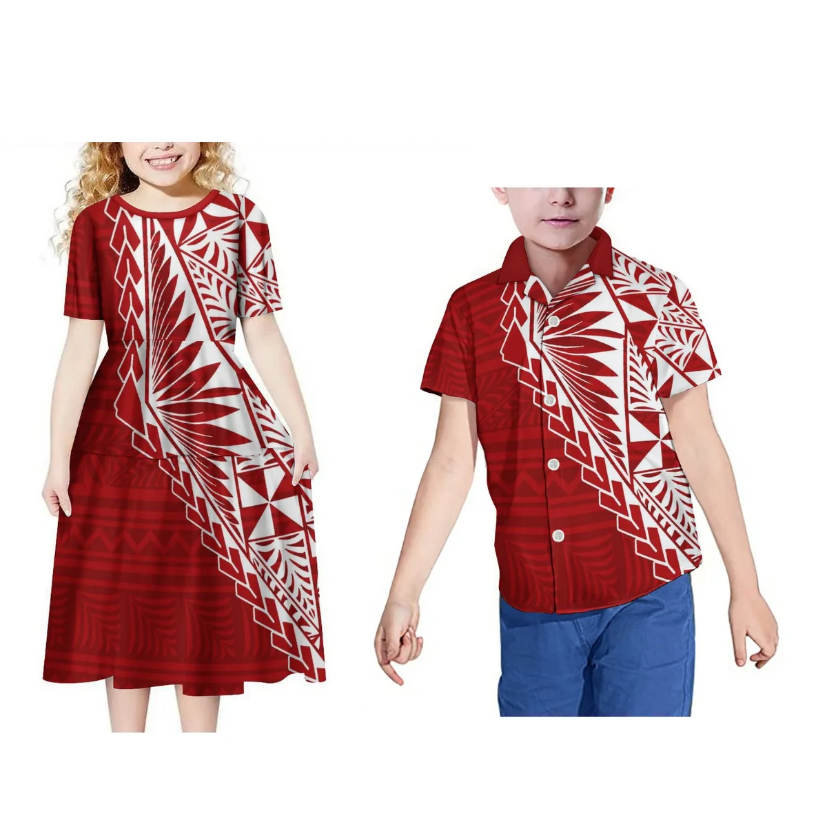 

Island Children'S Suit Matching Samoa Children'S Round Neck Short Sleeve Long Dress Polynesian Hawaiian Pacific Children'S Shirt