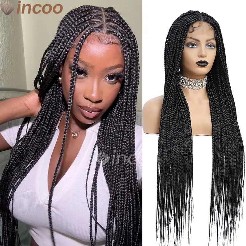 Wig kepang renda penuh 36 "kotak sintetis wig kepang renda depan wig kepang tanpa simpul wig hitam kotak kecil wig rambut persegi Afrika