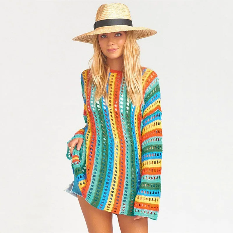 Boho Striped Crochet Tunic Sexy Hollow Out Bikini Cover-ups Multicolored Mesh Dress Women Beach Wear Swim Suit Cover Up