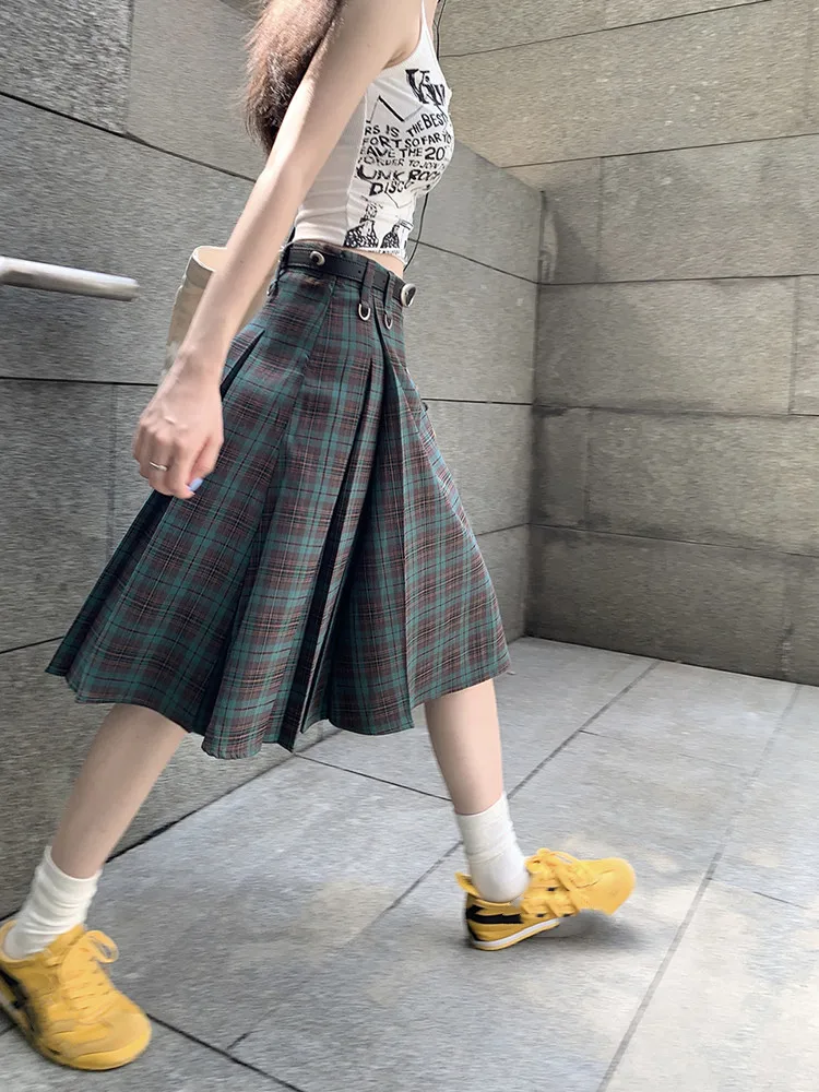 Korean style Preppy Fashion Vintage Plaid Summer Women Midi Skirt High Waist Pleated A-line Temperament Loose Y2K Skirt