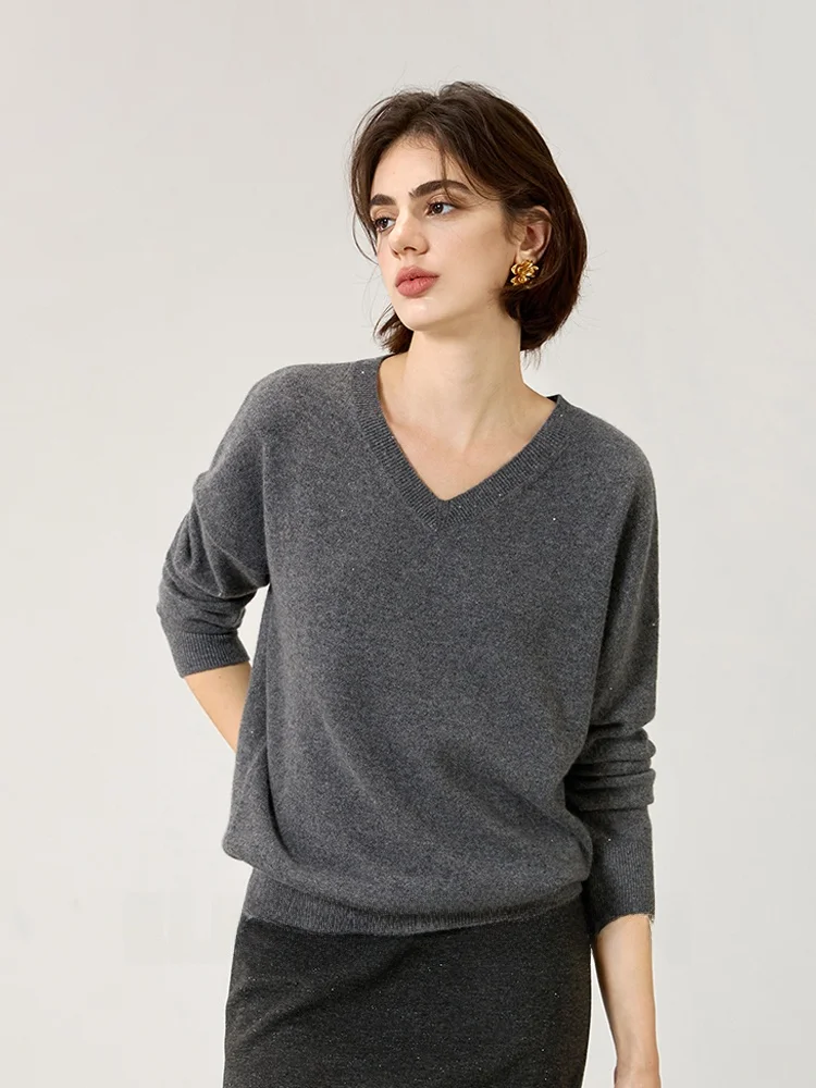 

Женский свитер Ele V-ne Two-tone Camere Knitwear с высоким воротом, расшитый пайетками, повседневный, свободного кроя, с длинными рукавами