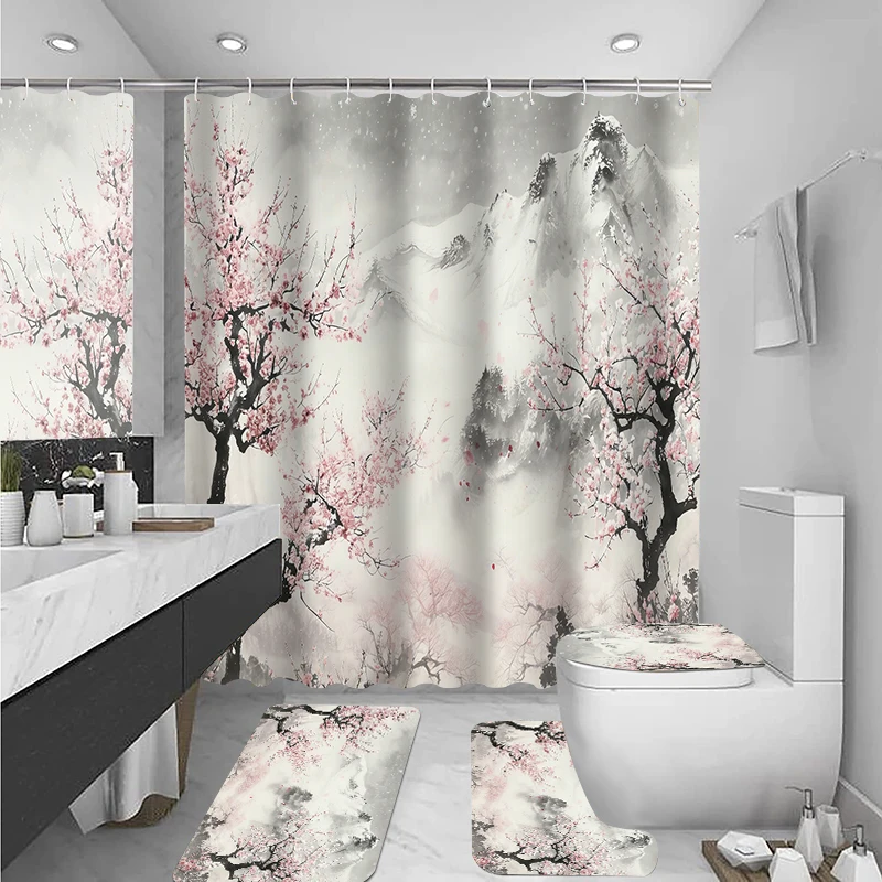 4-piece Mountain painting shower curtain set, toilet seat decoration, shower curtain with carpet and toilet lid, 12 70.8x70.8 in