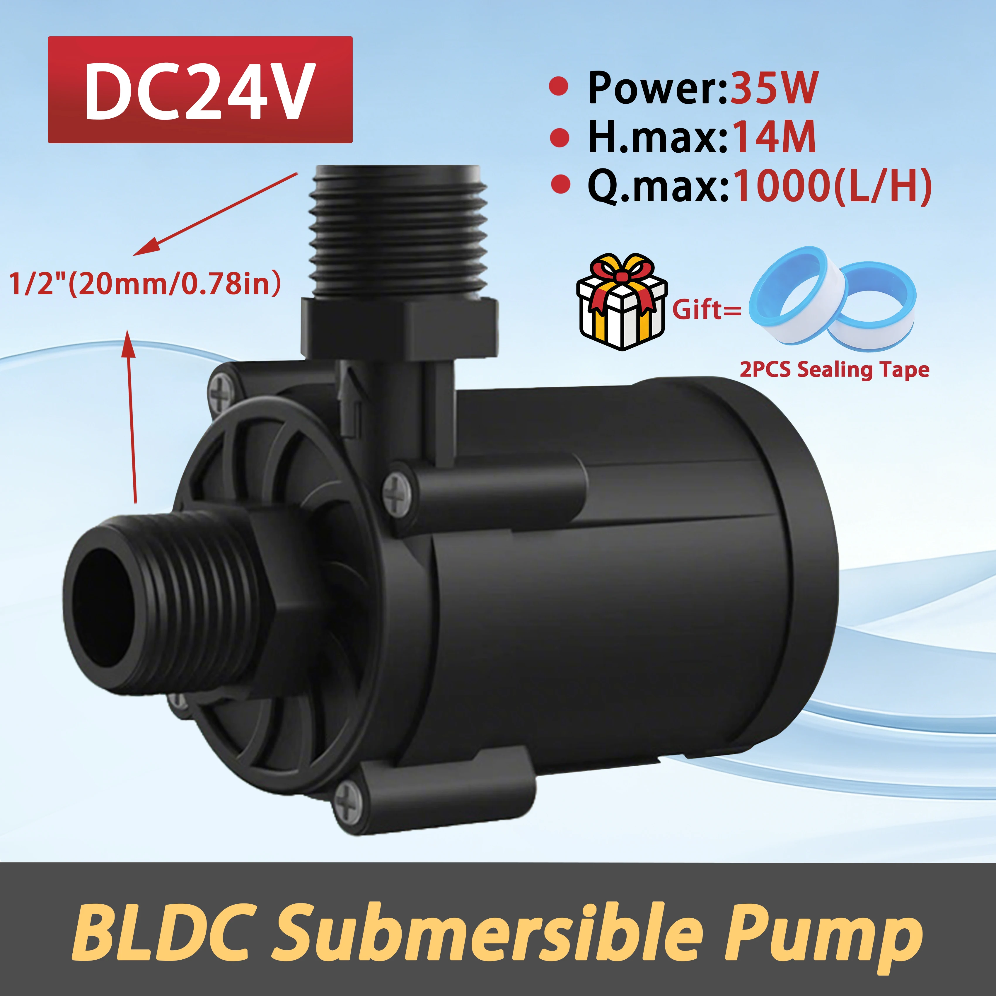 Brushless DC 24V 1000L/H 35W Submersible Pump Water Heater Booster Pump 1/2