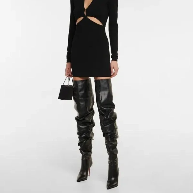 2024 Women\'s Autumn and Winter New High Heels Fashion Pleated Knee High Sleeve Boots European and American Four Season Boots