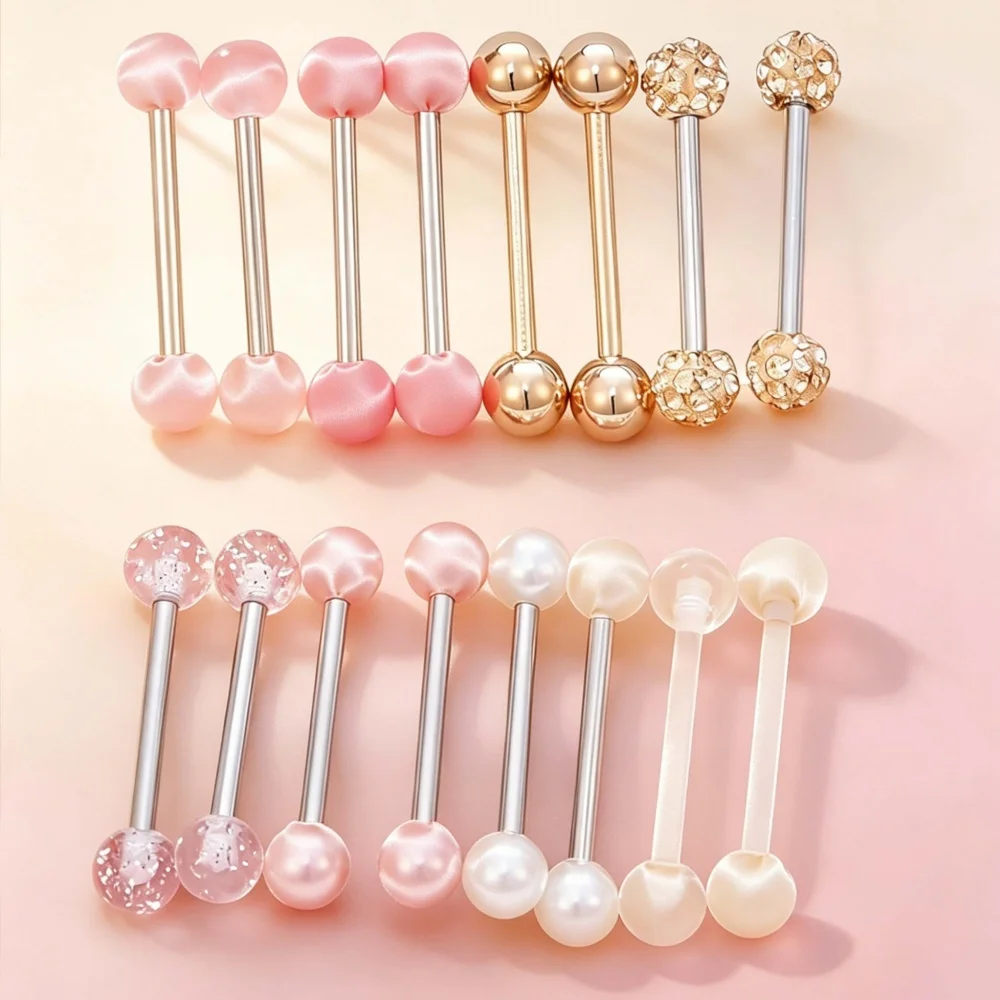 16pcs Assorted Color Ball Style Tongue Rings & Nipple Rings, Stainless Steel Shaft With Crystal Ball & Faux Pearl Decor