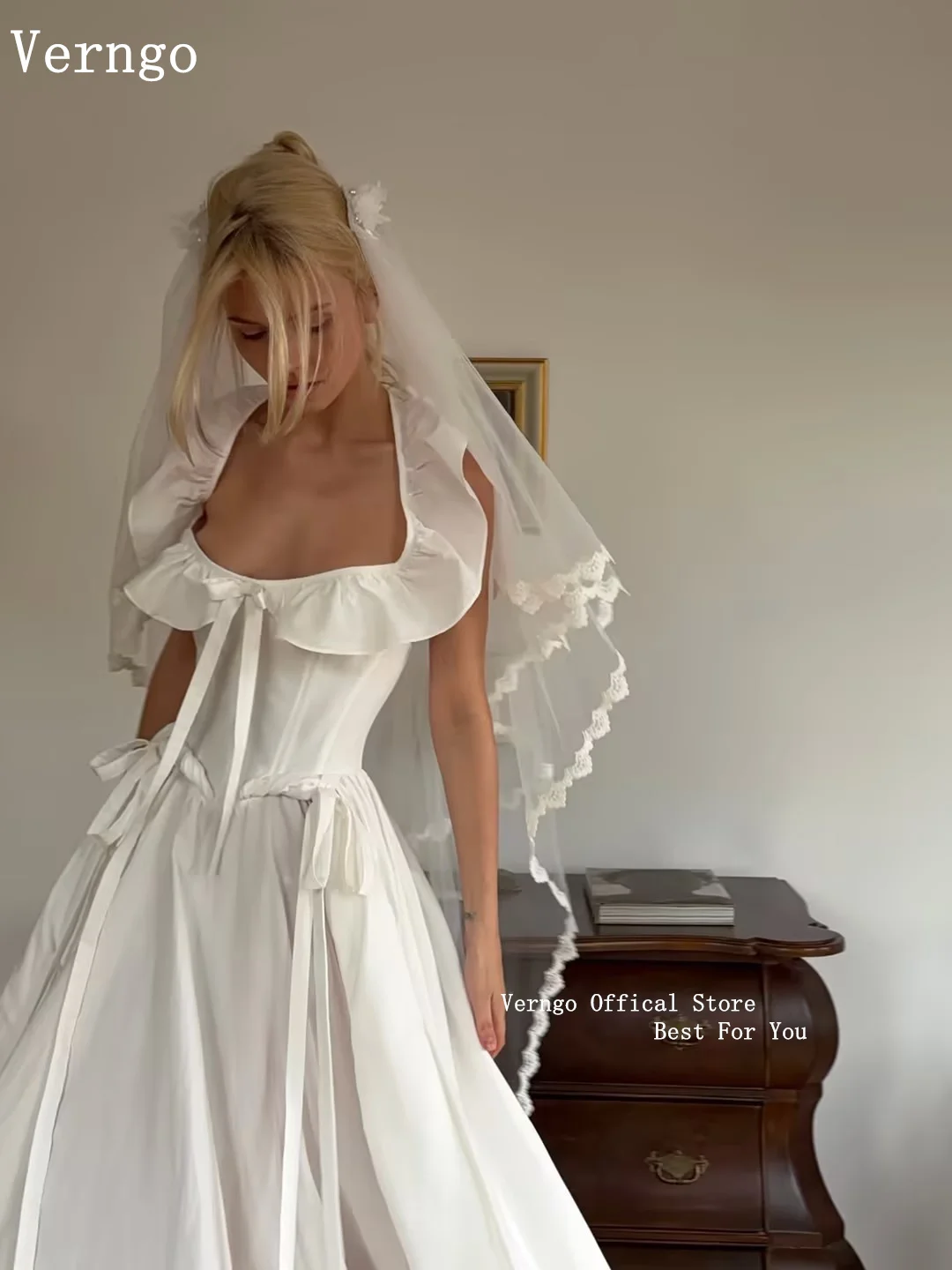 Verngo Vintage Satin Wedding Dress Off Shoulder Ruffle Corset Bodice Bride Dress Bows A Line Floor Length Bridal Gown Customized