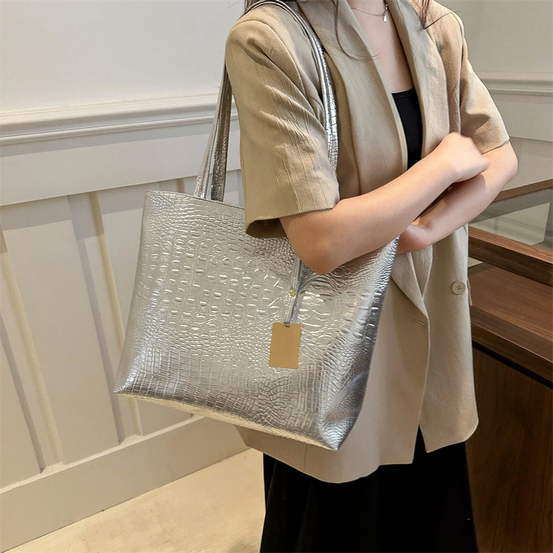 Fashion Casual Women Shoulder Bags Silver Gold Black Crocodile Handbag PU Leather Female Big Capcity Tote Bag Ladies Hand Bags