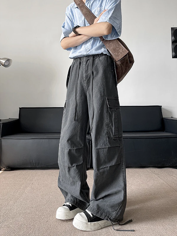 

Американские ретро-джинсы в рабочем стиле для мужчин, летние свободные брюки-парашюты с широкими штанинами, модные брендовые плиссированные функциональные повседневные брюки