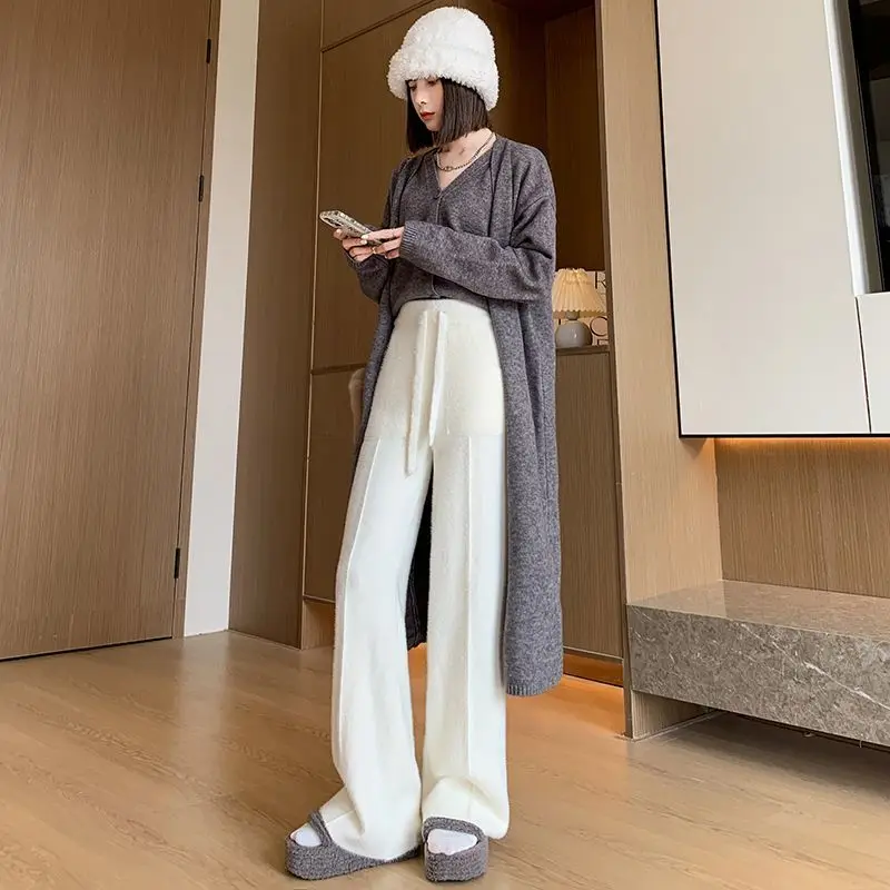Pantalon à jambes larges tricoté en fourrure de vison Feng Shui paresseux, pantalons décontractés haut de gamme, pantalons de sol épais et chauds pour femmes, automne et hiver