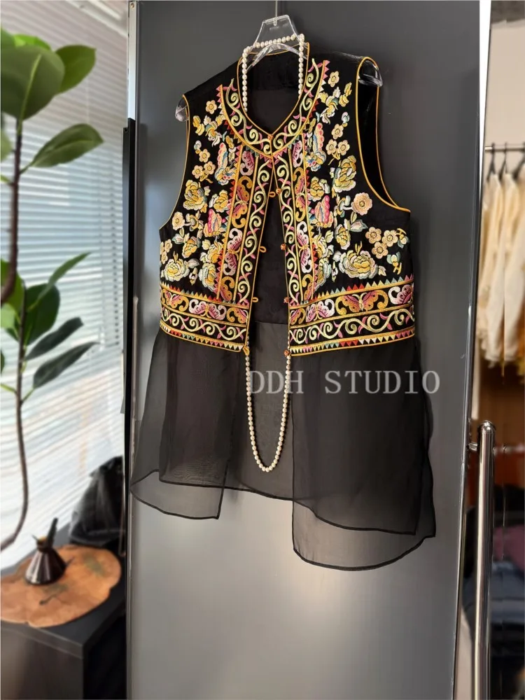 New Chinese-style jacquard heavy embroidery silk and organza mid-length waistcoat