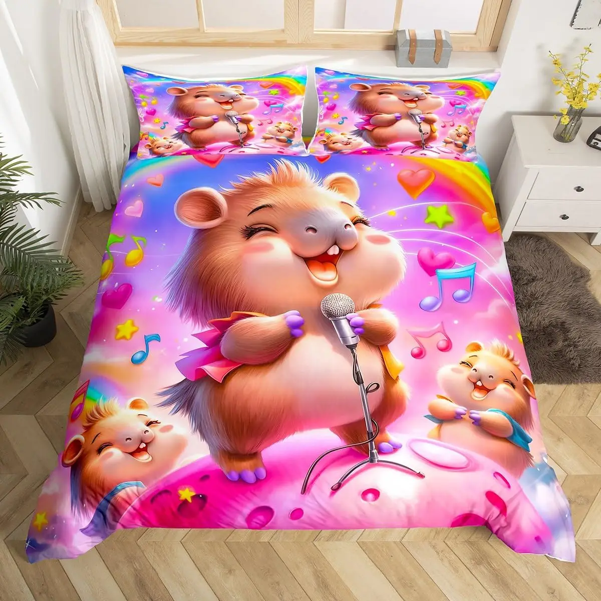 Cartoon Animal Duvet Cover Musical Note Artistic Comforter Cover Rainbow Starry Galaxy Sky Bedding Set Jungle Wildlife Bed Cover