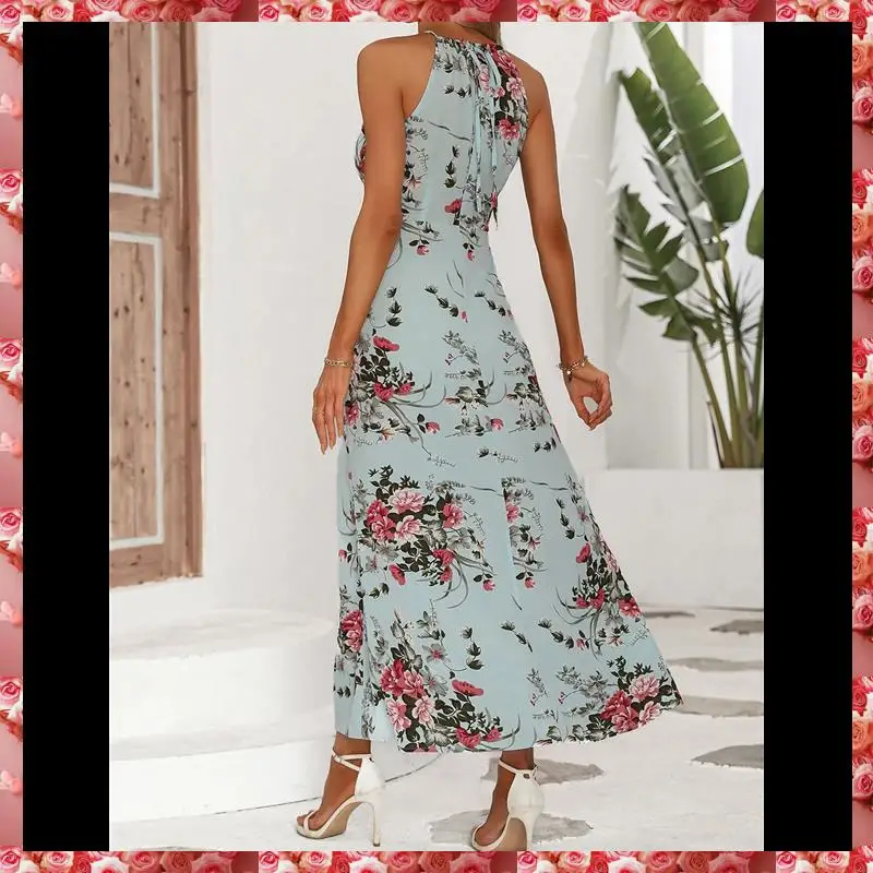 Damskie sukienki letnie bez rękawów w stylu boho z rozcięciem, na ramiączkach, z nadrukiem, o kroju litery A.