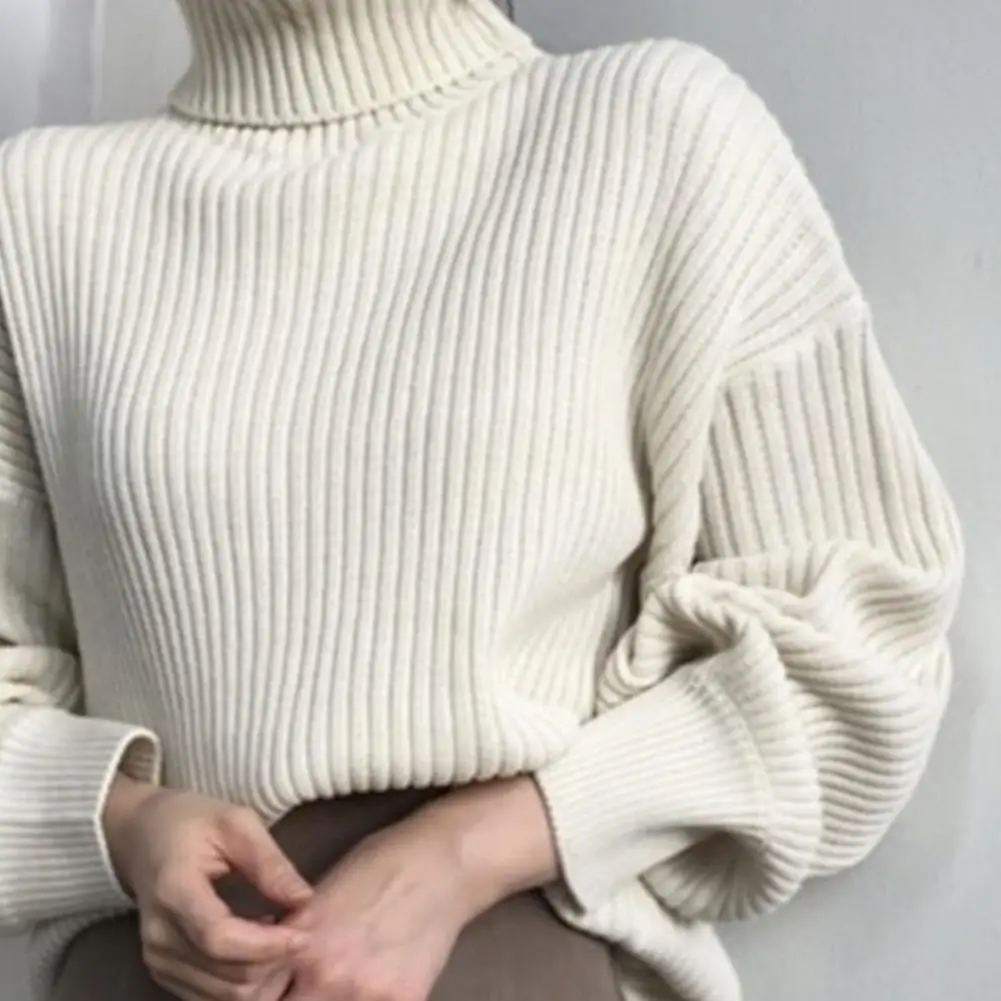 Women Sweater High Collar Neck Windproof Loose Thick Baggy Knitted Elastic Warm Fall Winter Pullover Lady Sweater