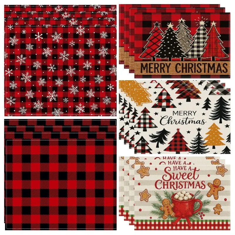 Red Themed Linen Placemats Christmas Home decoration Festive Table Mats Non-slip Heat-insulating Tabletop Protection 4/6/8pcs