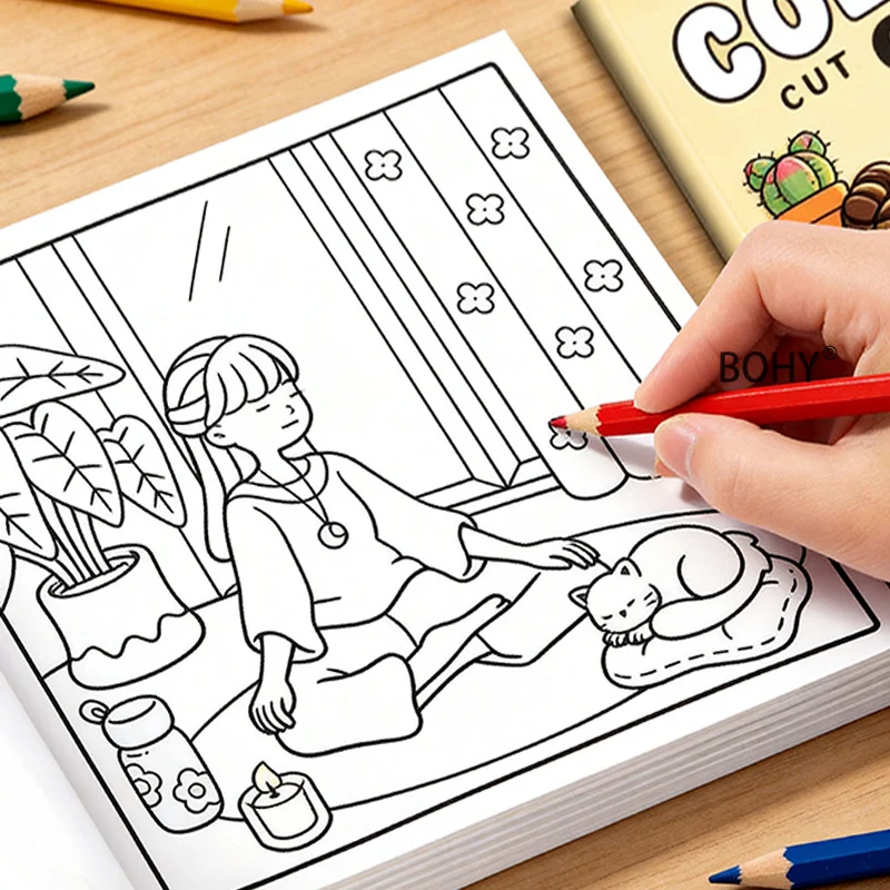 1 Healing Life Coloring Book, Include 48 Pages of Warm Daily Life Theme Coloring Line Drafts,Adults Can Relieve Emotional Stress