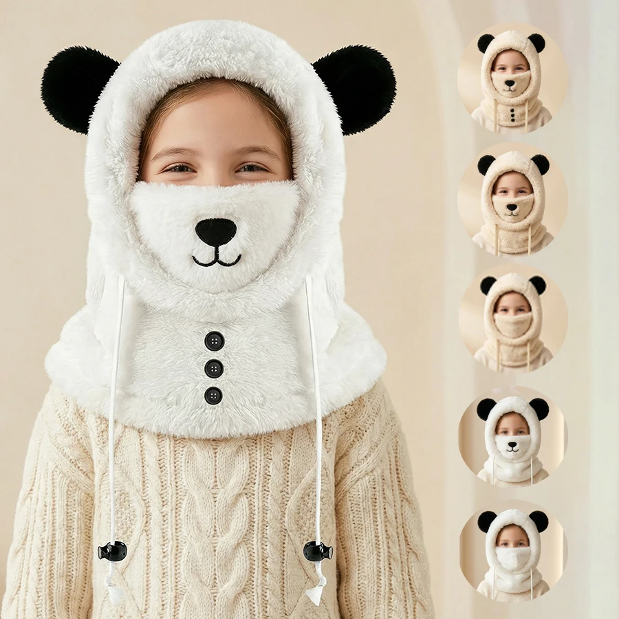 A fluffy hooded cap for children's winter outdoor cold protection, a face shield with fleece for warmth and ear protection, and