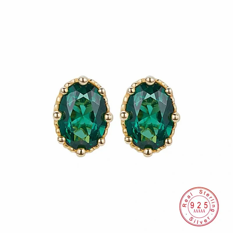 Real 925 Sterling Silver Gold Plated Emerald Oval Gem Stud Earrings for Women - Vintage Rivet Edge Luxury Fashion Jewelry