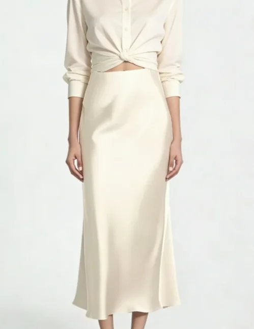 Saia Longa de Cetim Feminina da Moda, Cintura Alta, Cor Sólida, Casual, Básica, Modelo Sereia, Roupa Chique para Festas de Verão 2026