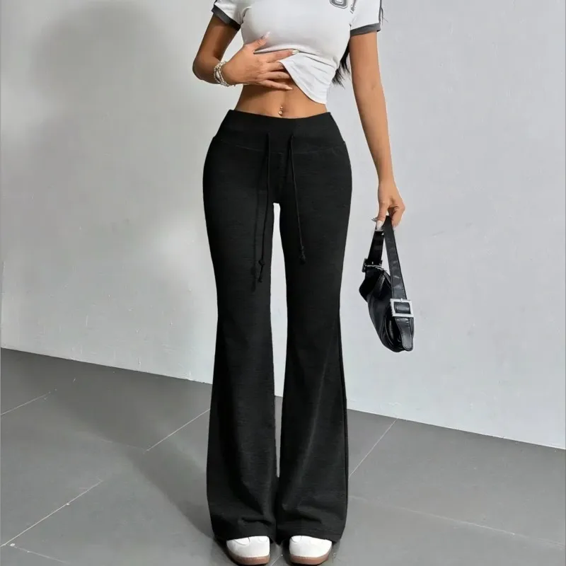 Women Solid Flared Pant Elastic High Waist Adjustable Drawstring Lace Up Long Trousers Fashion Design Comfortable Casual Bottoms