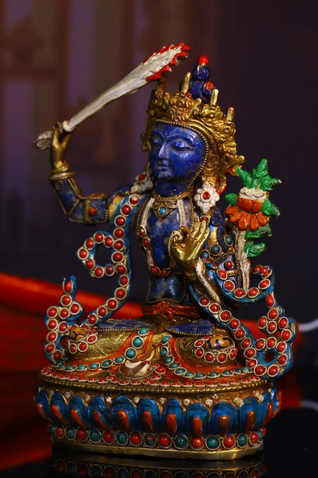 

7"Tibetan Temple Collection Old Natural lapis lazuli Tibetan Silver Outline in gold Mosaic Gem Manjushri Buddha Worship Hall