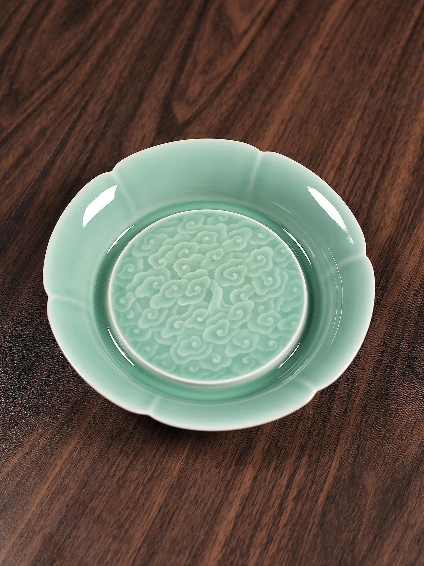 Handmade Qingbai Ceramic Tea Tray Dragon Well Cloud Carved Tea Pot Holder Gongfu Tea Accessories Chinese Style Cloud Pattern