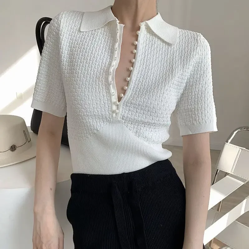 

White Top with Pearl Buttons, Knitted, Versatile, Short Sleeves, 2022 New Short Polo Collar T-shirt for Summer