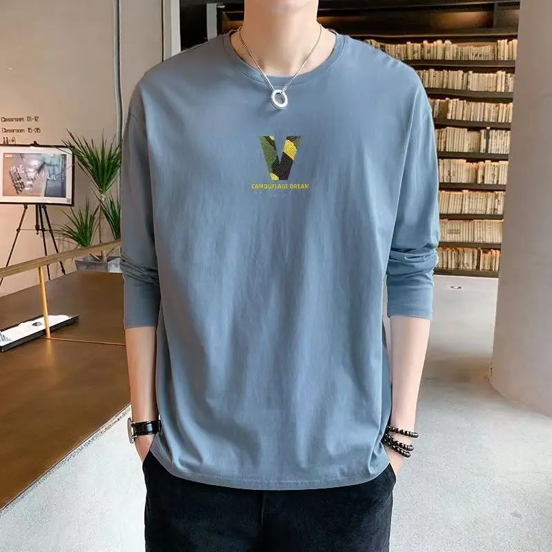 Spring and Autumn Men's 2024 New Splicing Pullovers O-Neck Printed Letter Fashion Loose and Versatile Casual Long Sleeve Top