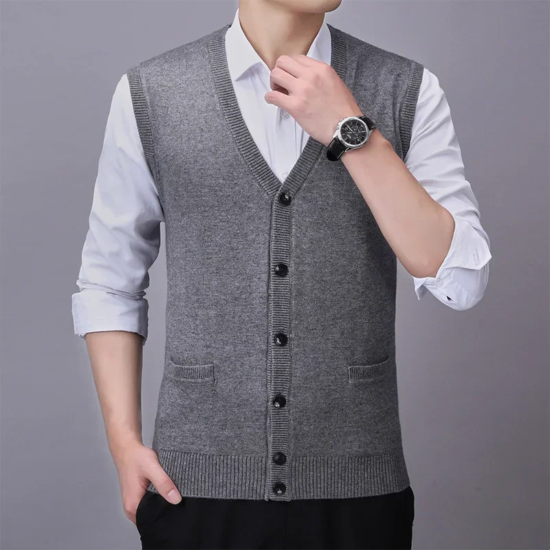 2024 New Spring Wool Vest Men Knitted Cardigan Middle-aged Men Sleeveless Sweater Vest Loose V-neck Solid Vest Winter Clothes