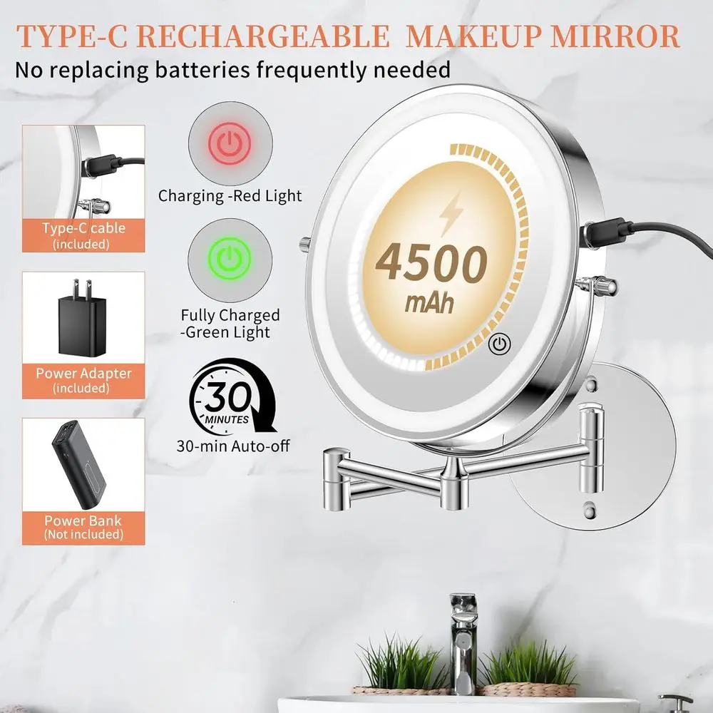 10 Dual-Sided LED Lighted Makeup Mirror, 4500mAh Rechargeable, 3 Color Modes, Touch-Dimmable, Extendable Arm, Chrome Finish