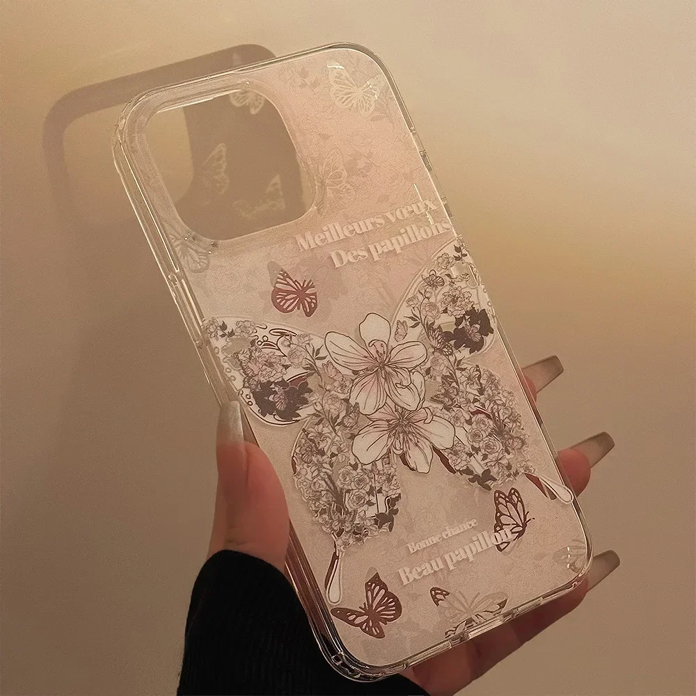 Dubbellaags Gedrukt Dromerige Rose Vlinder Telefoonhoesje voor IPhone 16 15 14 12 13 11 Pro Pro Max Plus X XR Schokbestendige Telefoon Cover