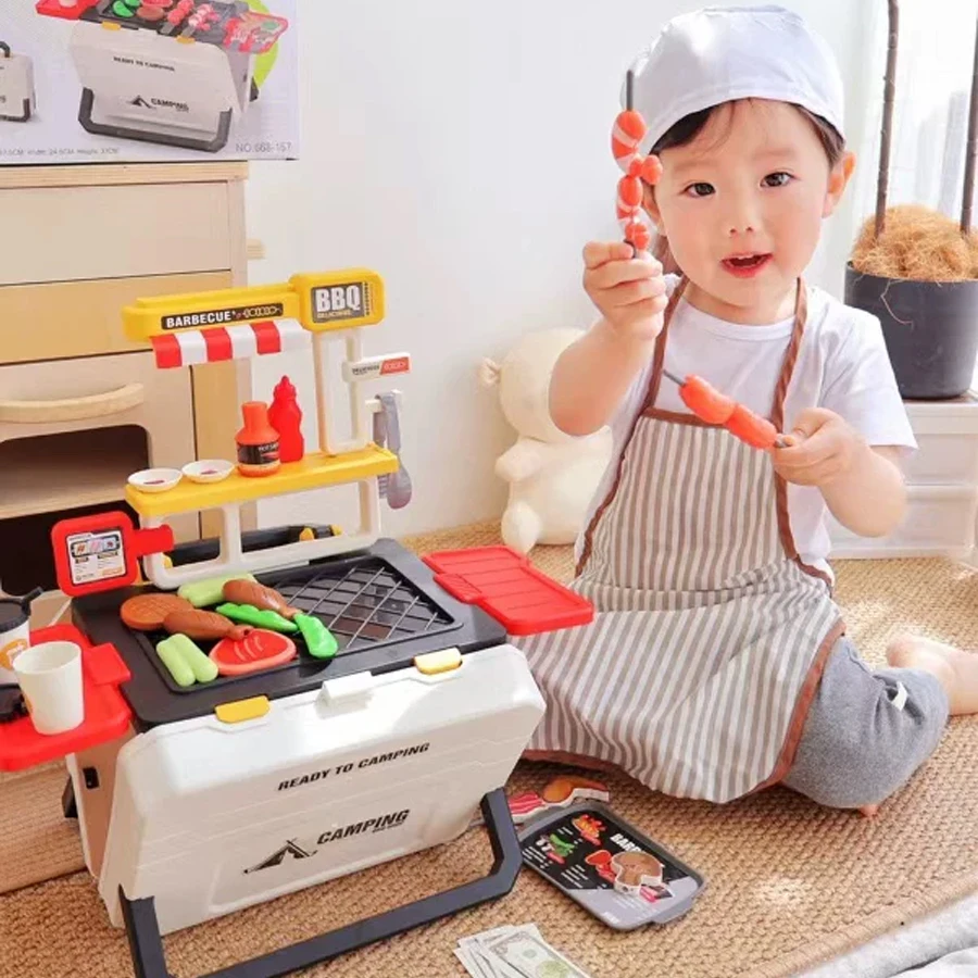 

Kids BBQ Grill Playset Portable Camping Cooking Toy with Storage Case Pretend Play Kitchen Food Set Educational Role Play Toy