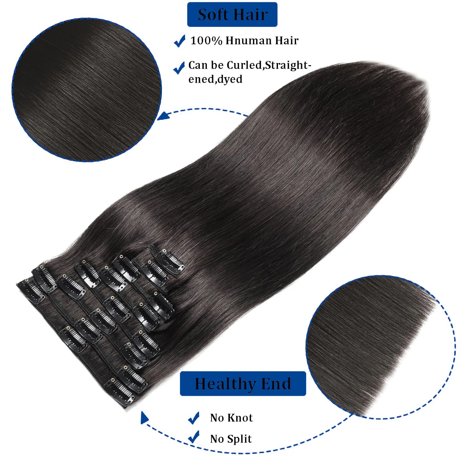 Clipe reto em extensões de cabelo para mulheres, cabelo humano, preto, sem costura, grampos de cabelo brasileiros, extensão de cabeça cheia, # 1B, 120g por conjunto