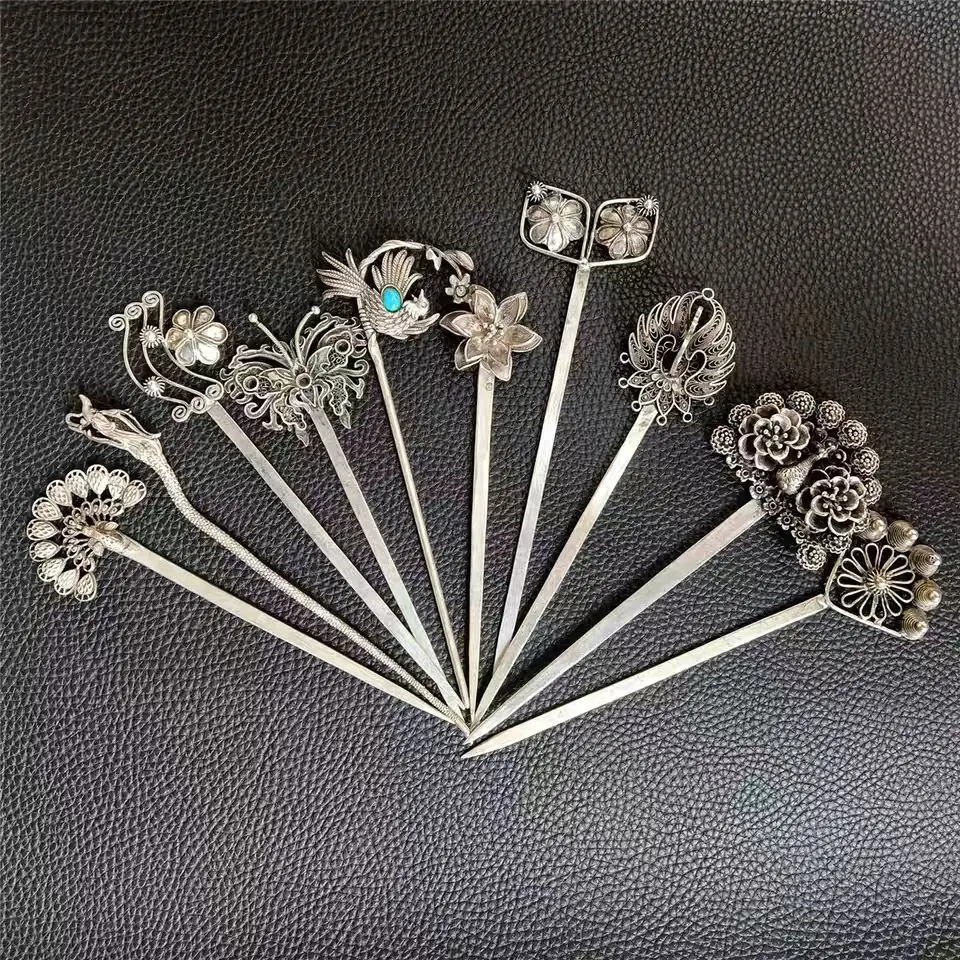 Traditional Chinese Style Auspicious Peacock Flower Miao Silver Hair Stick Vintage Hairpin For Hanfu Updo Cosplay Party Good Luc