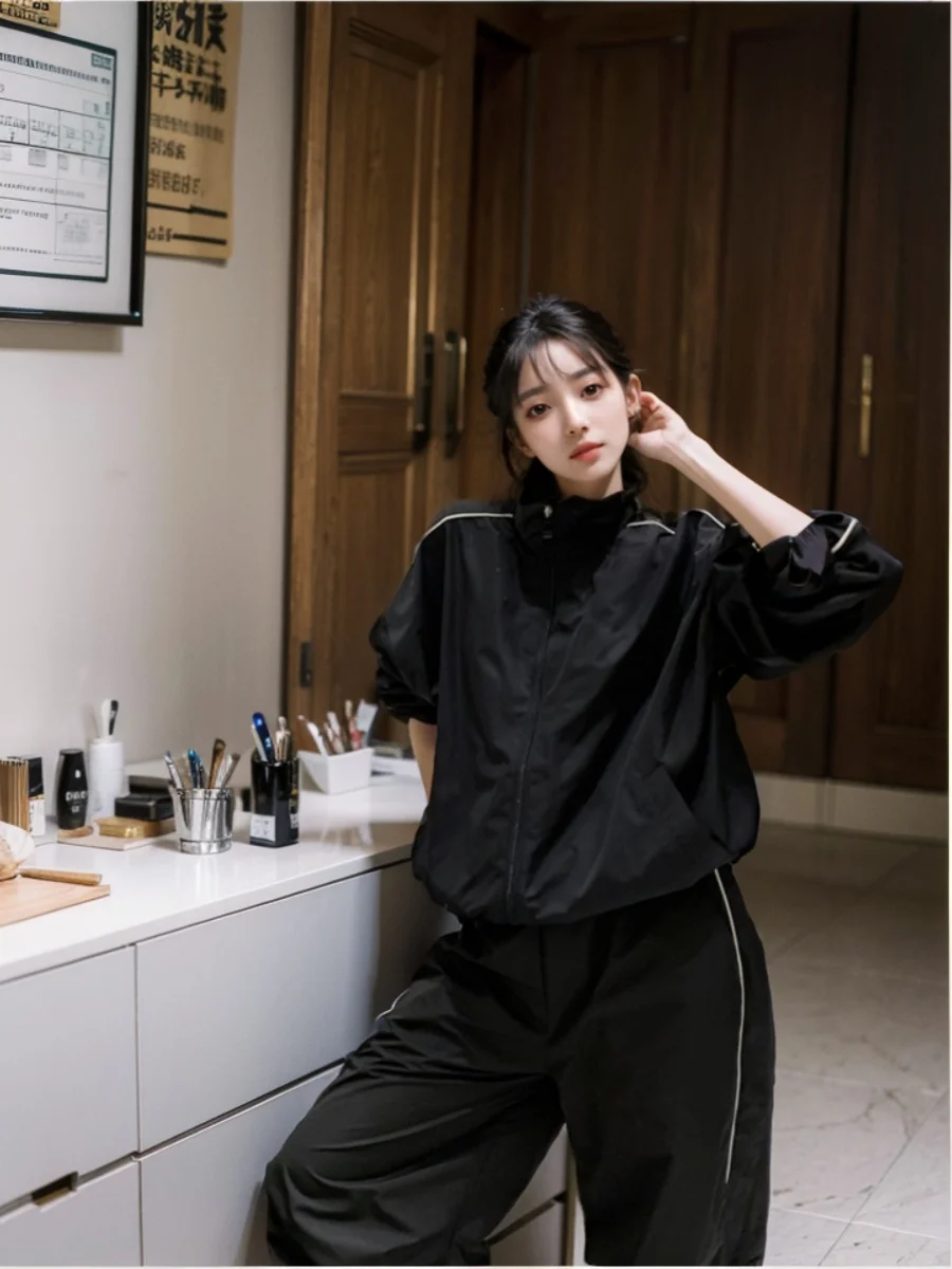 

American Retro Jacket Women's High Waist Wide Leg Casual Pants Oversize Sports Set Autumn New Style Fashionable Women's Suit