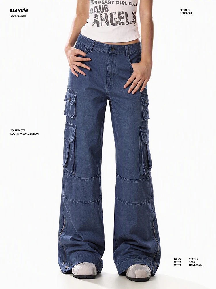 Calças Jeans Flare Multi-Bolsos BLANKIN American High Street para Homens e Mulheres, Design Robusto, Corte Reto Solto, Calças...
