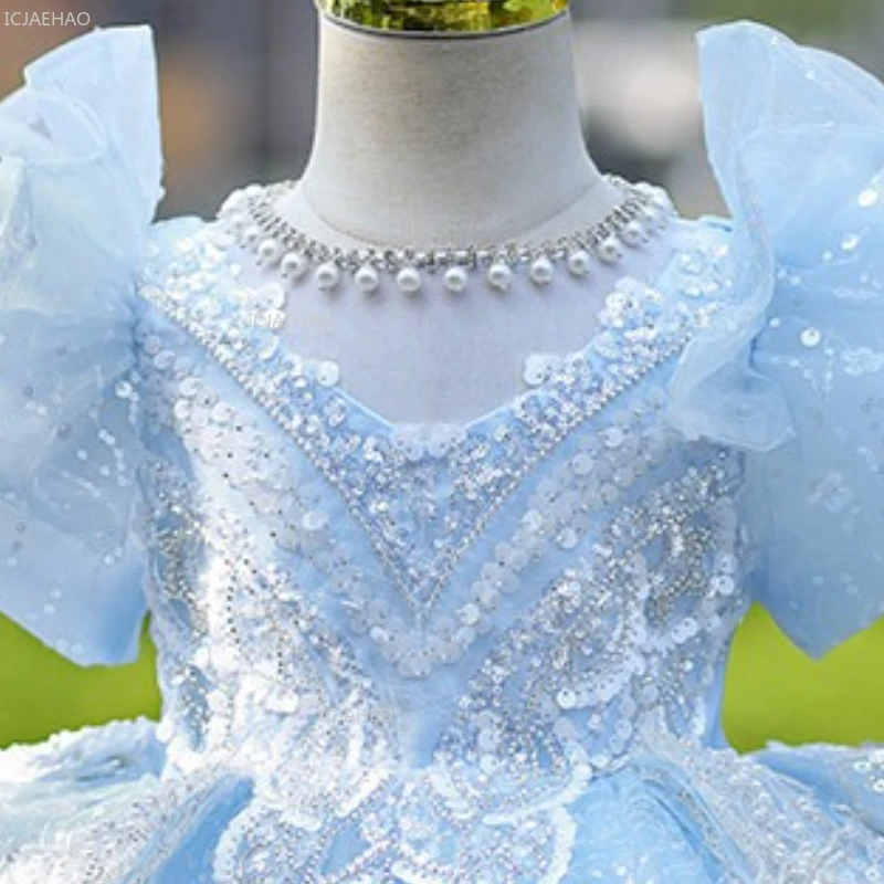 Girls Blue Party Dress Vestido Princess Gown Birthday Formal Wear Children Costumes Party Kids Elegant Piano Recital Pageant