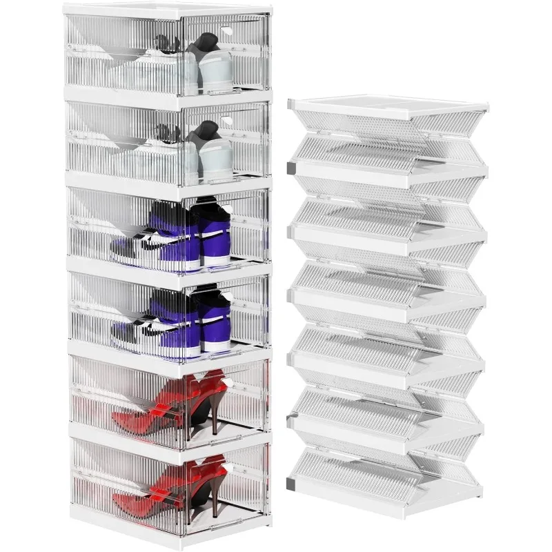 Shoe Boxes Clear Plastic Stackable, Shoe Storage Organizer Boxes Easy Installation All in One Shoe Box with Doors 6 Tier