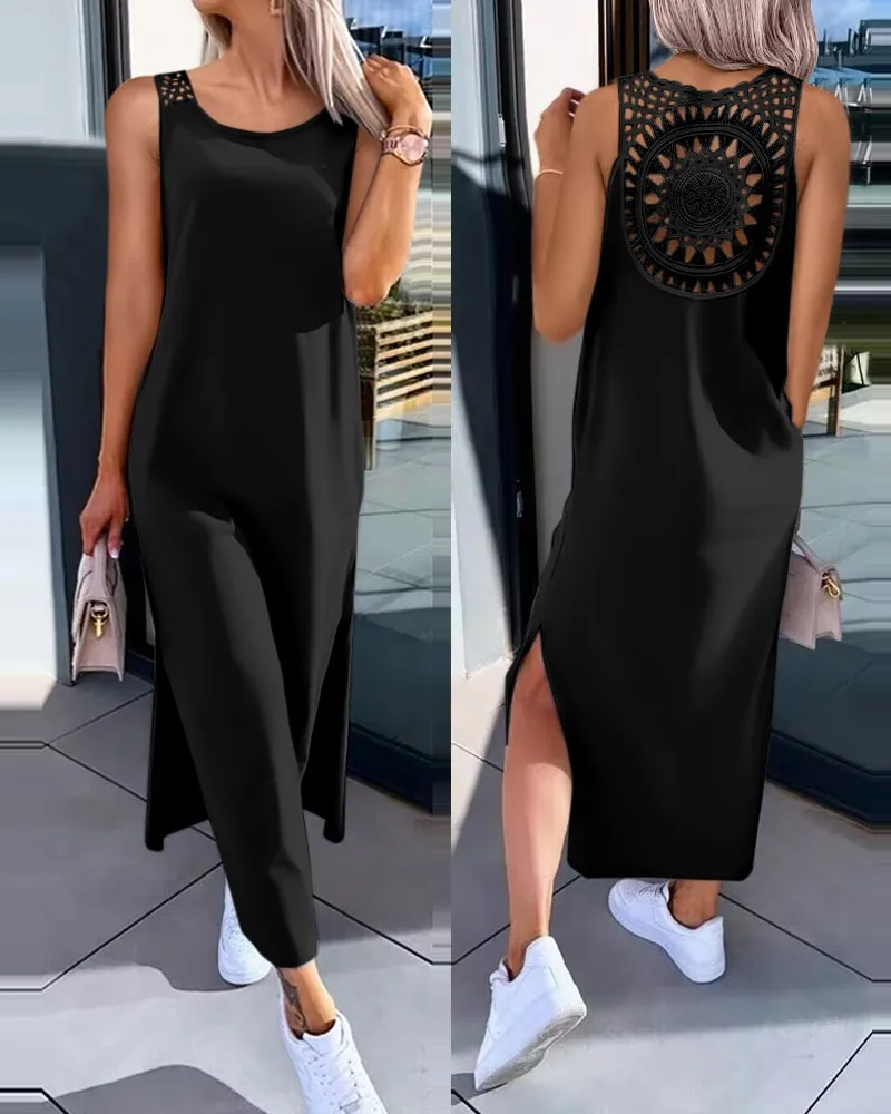 Hollow Out Solid Long Dress Women Fashion Sleeveless O-neck Maxi Dresses For Women 2024 Summer Women\'s Slim Split Vestidos Black