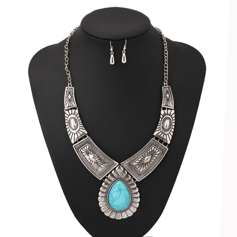 Vintage Indian Jewelry Set Women Alloy Choker Resin Punk Necklace Earring Set Statement Pendant Chain Necklace Set Duftgold