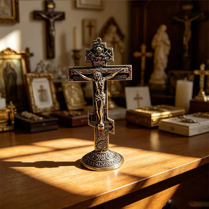 

Bronze Plated Orthodox Standing Crucifix with Relief Icons & Red Rhinestones for Catholic Christian Home Altar Prayer Room Decor
