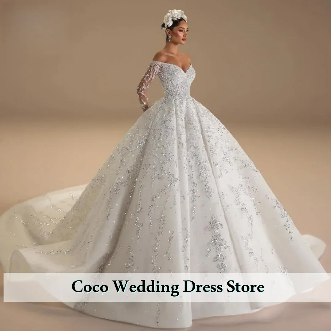 Personalizado requintado vestidos de casamento vestido de baile com decote em v manga longa lantejoulas apliques até o chão vestido de noiva novia