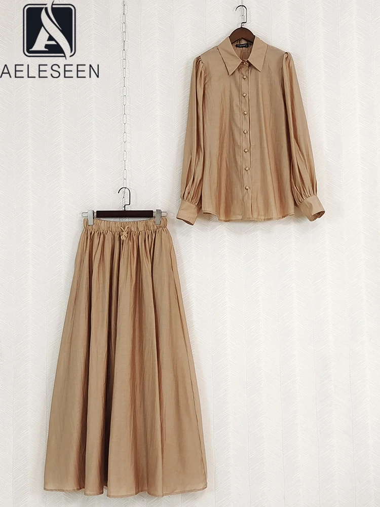 

AELESEEN Office Ladies Spring Summer 2 Pieces Set Women Solid Blouse + Waist Elastic Long Skirt Elegant Party Vacation Set