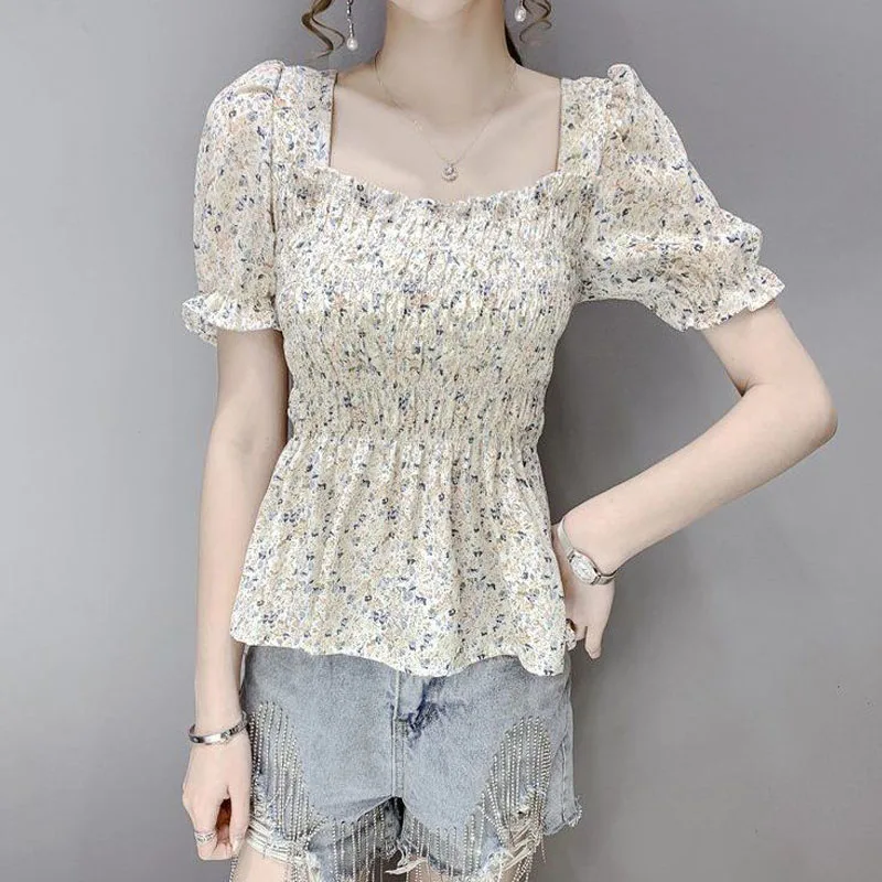 Korean Fashion Square Collar Printing Chiffon Tops Skinny All-match Ladies Elegant Puff Sleeve Tee Summer 2023 Women\'s Clothing