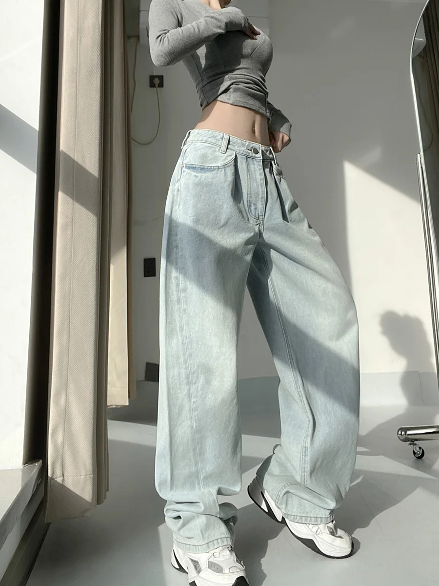 American Retro High Waist Slimming Pleated Micro Cone Denim Jeans Women's Casual Deconstructed White Loose Versatile Wide Leg...