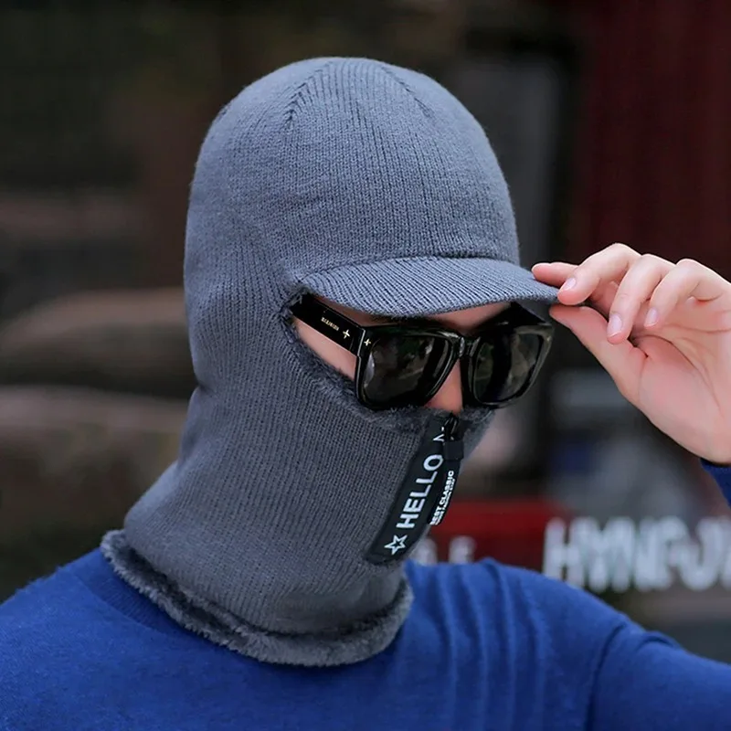 Padded Thermal Brim Beanie Hat for Men Fleece-Lined Cold-Weather Knitted Balaclava with Zipper & Ear/Neck/Face Shield