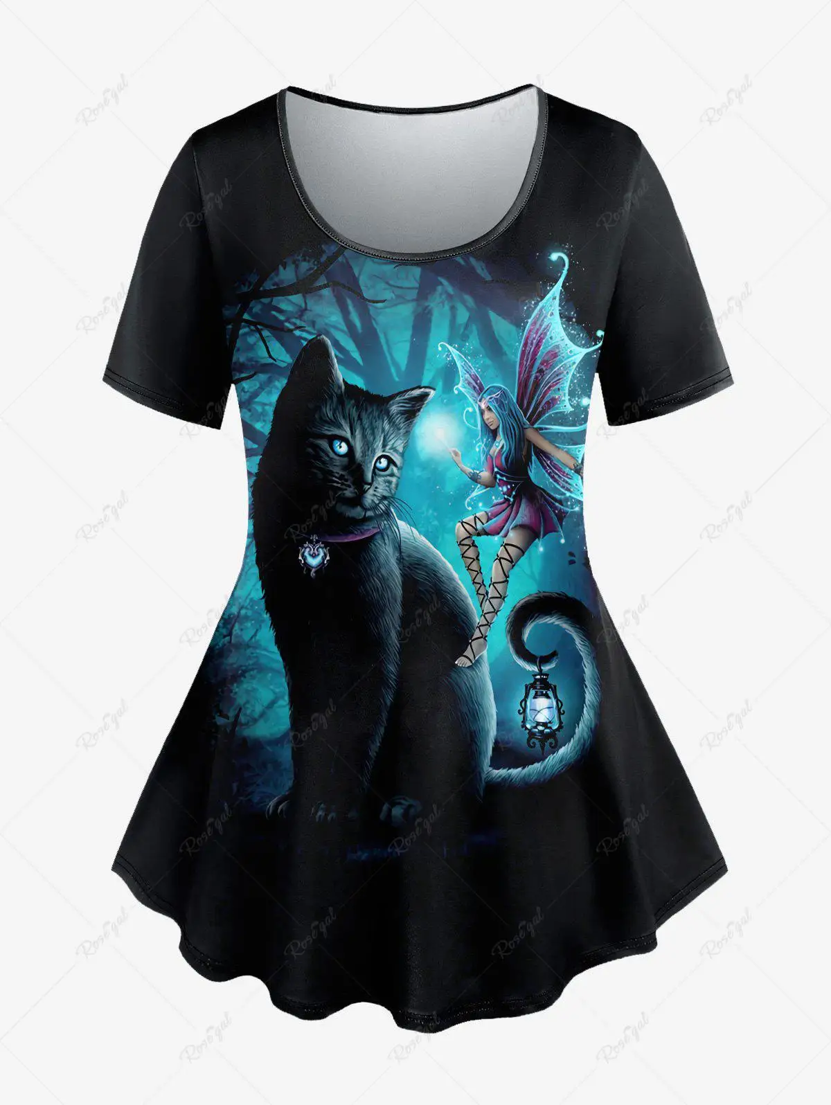 Plus Size Printed Halloween T-shirt Or Flare Pants Women\'s Casual Cat Butterfly Angel Tree Moon Glitter Tee Or Wide-leg Pants