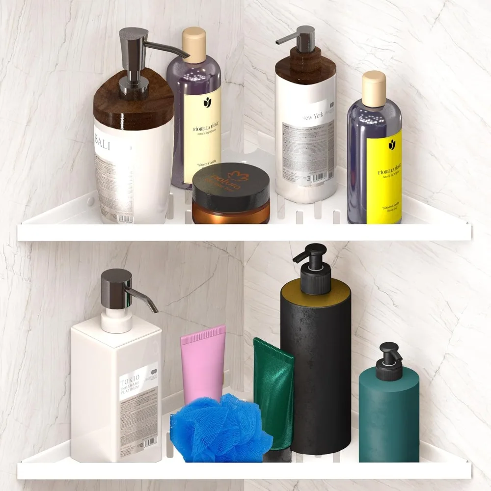 

Угловая душевая полка для внутреннего душа - клей/палка/сверло/без дрели - плавающие прочные 14-дюймовые белые угловые душевые полки для ванны