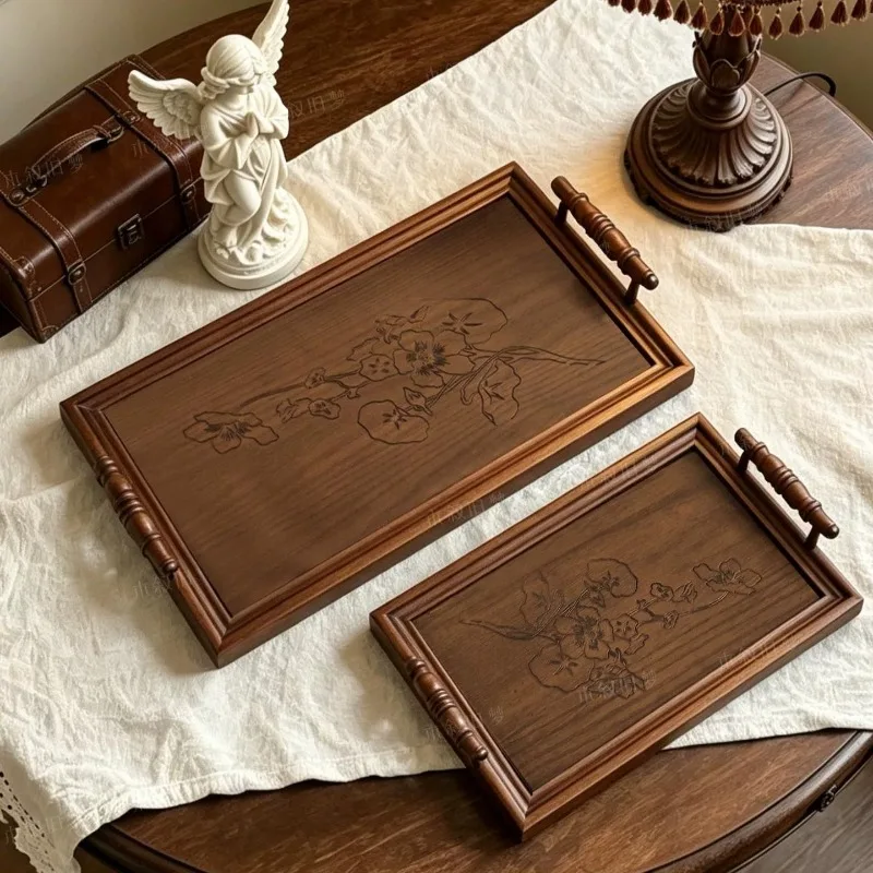 Solid Wood Tray with Handle Rectangular Carved Kitchen Storage Tray Retro Portable Decorative Trays Luxury Home Organization