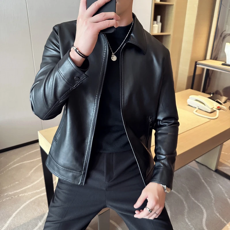 Spring Autumn Men's PU Leather Jackets Fashion Man Lapel Streetwear Motorcycle Biker Coats Man Business Zipper Leather Jackets
