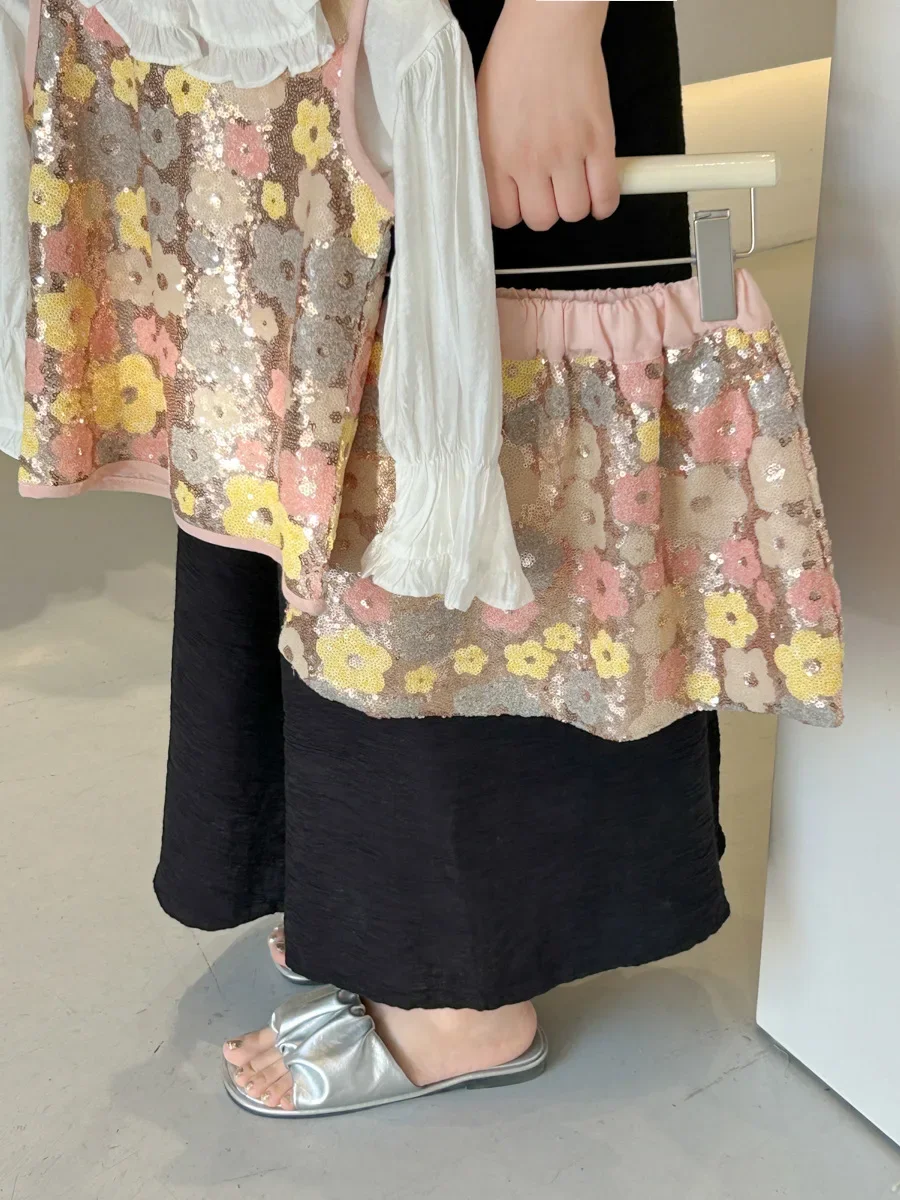 Childrens Sets Girl Summer New Baby Causal Vest Short Sleeve Two Pieces Glitter Skirt 2024 Sweet Fashion Flower Simple image 6
